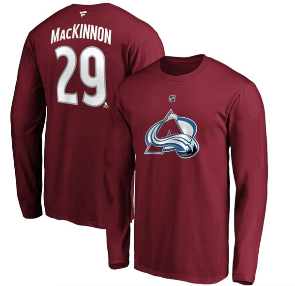 Men's Colorado Avalanche #29 Nathan MacKinnon Stanley Cup Champions Long Sleeve T-Shirt - Click Image to Close